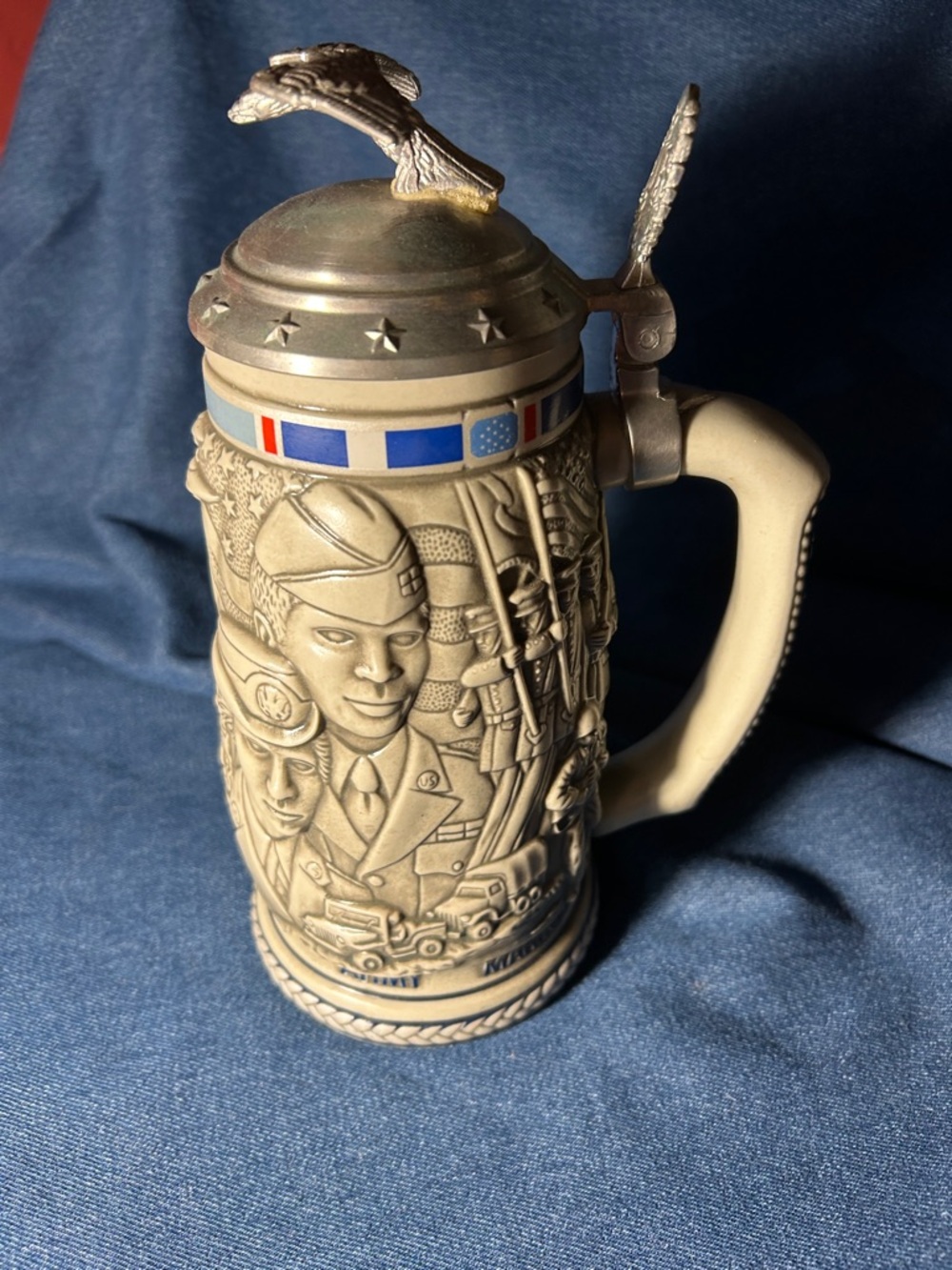 1990 Vintage Avon Ceramic Military Relief Beer Stein with Pewter Lid .
